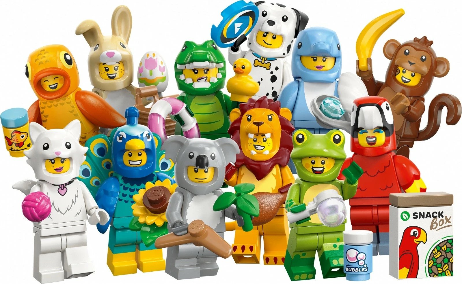 set minifigura LEGO 71051 Minifigures Series 28 Animals, 12 personazhe koleksionuese, display