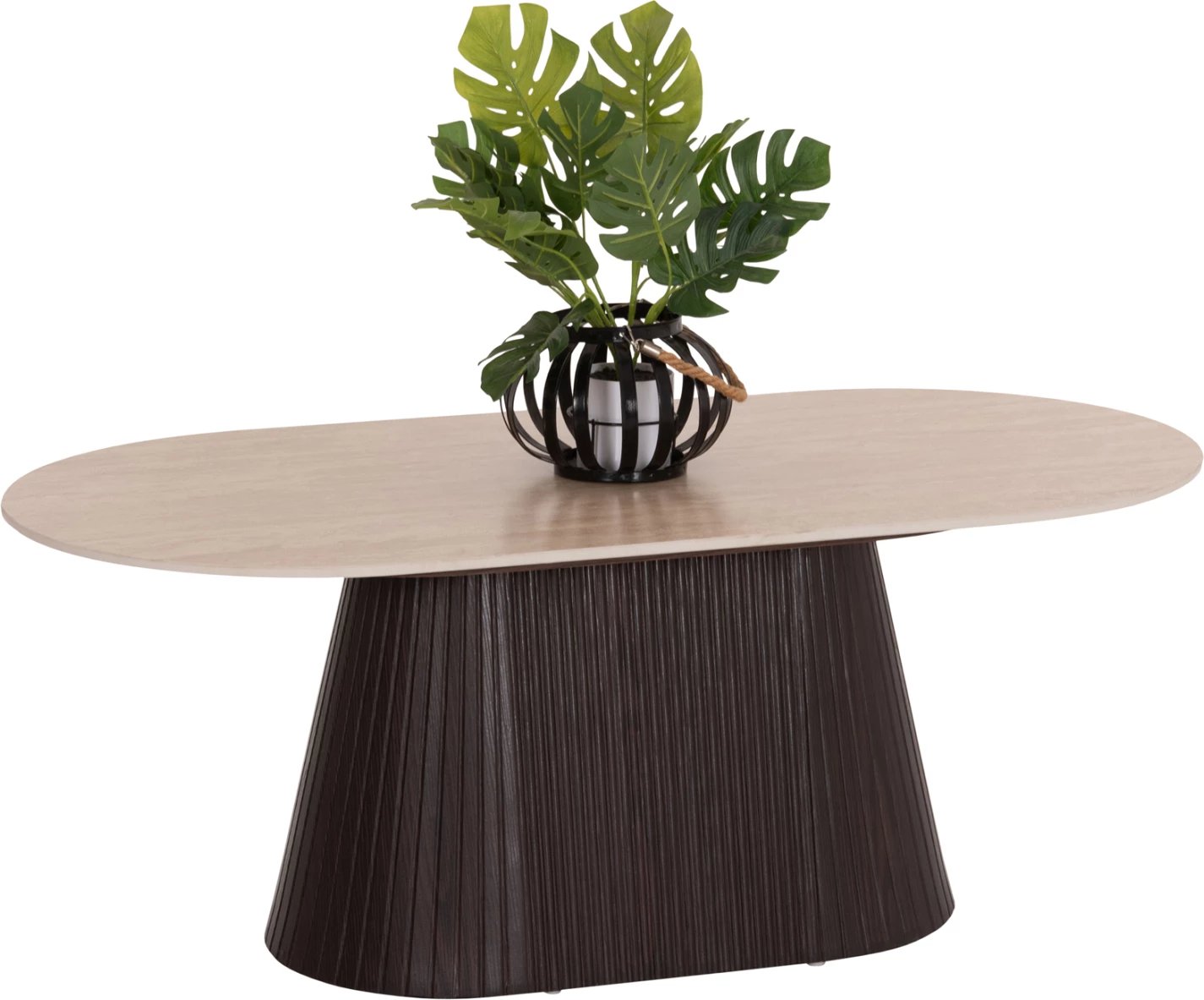 Tavolinë kafeje ovale, sipërfaqe qeramike, pamje guri travertin, bazë MDF, 124x63x39cm