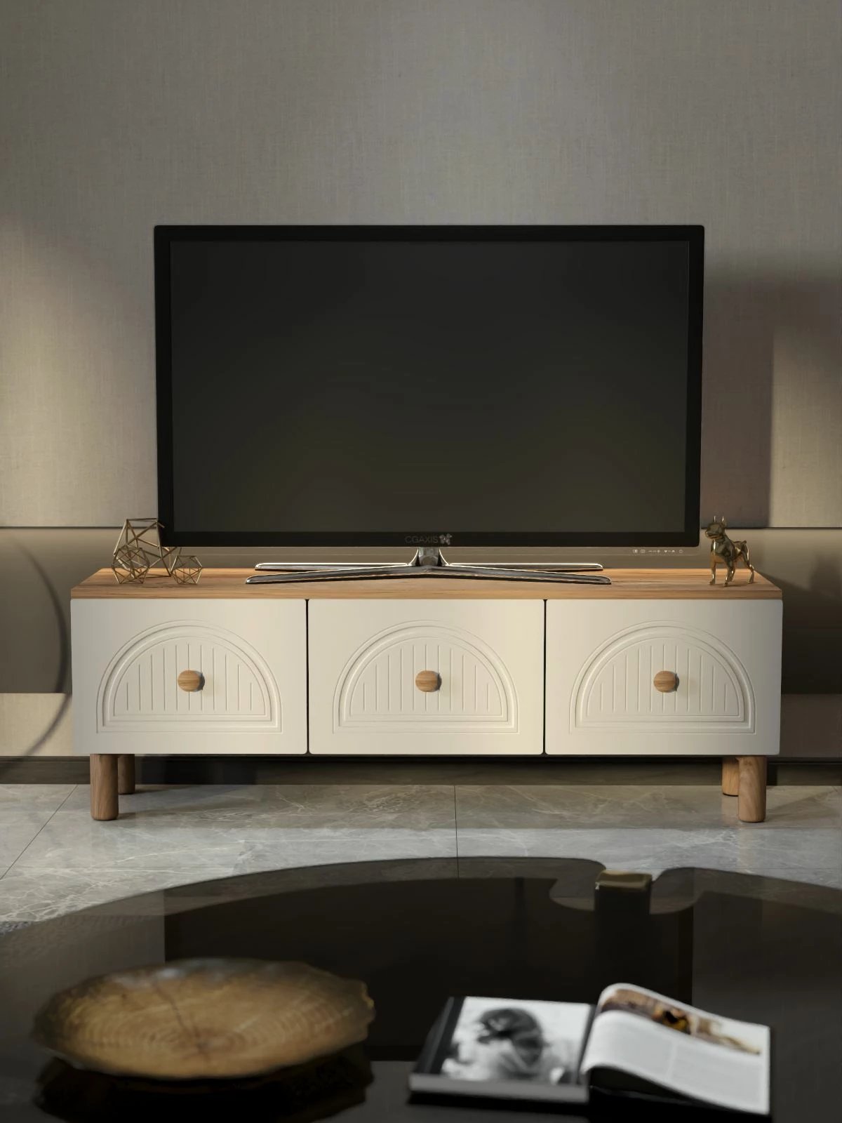 Komodë TV Skye Decor, Arcera 135, ngjyrë pishë Atlantike dhe e bardhë