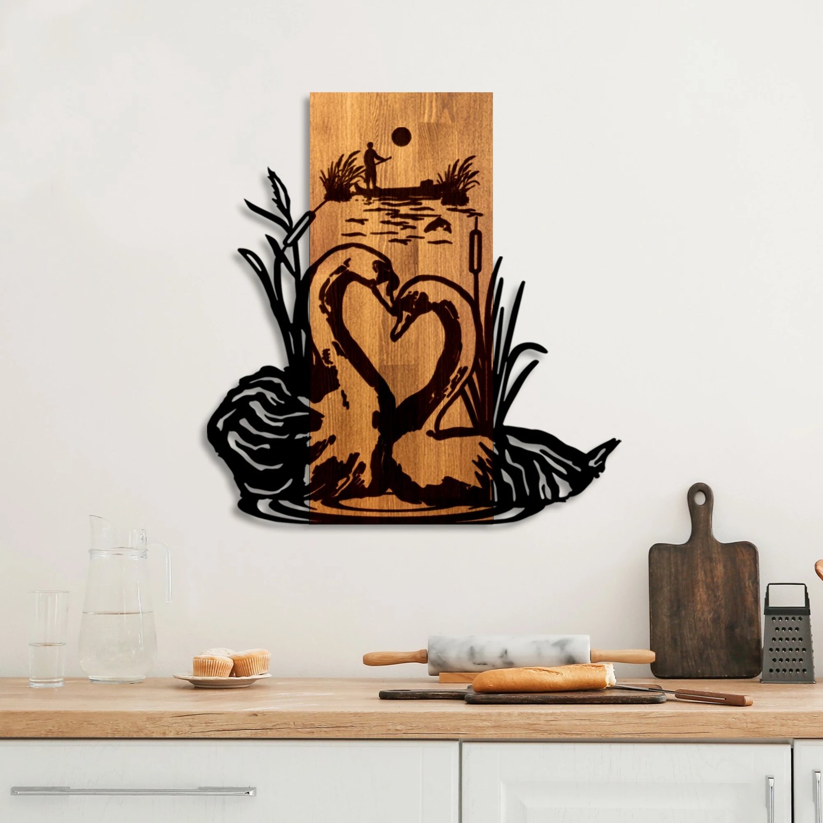 Aksesor dekorativ për mur, druri dhe metal, Swan Lake, ngjyrë arre dhe e zezë