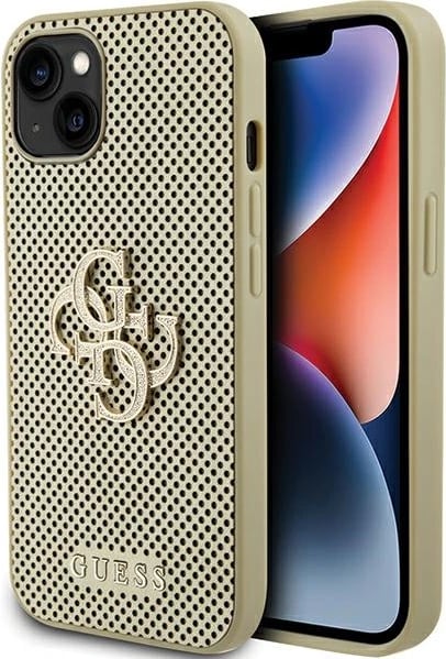 Mbështjellës Guess Perforated 4G Glitter për iPhone 15, ari