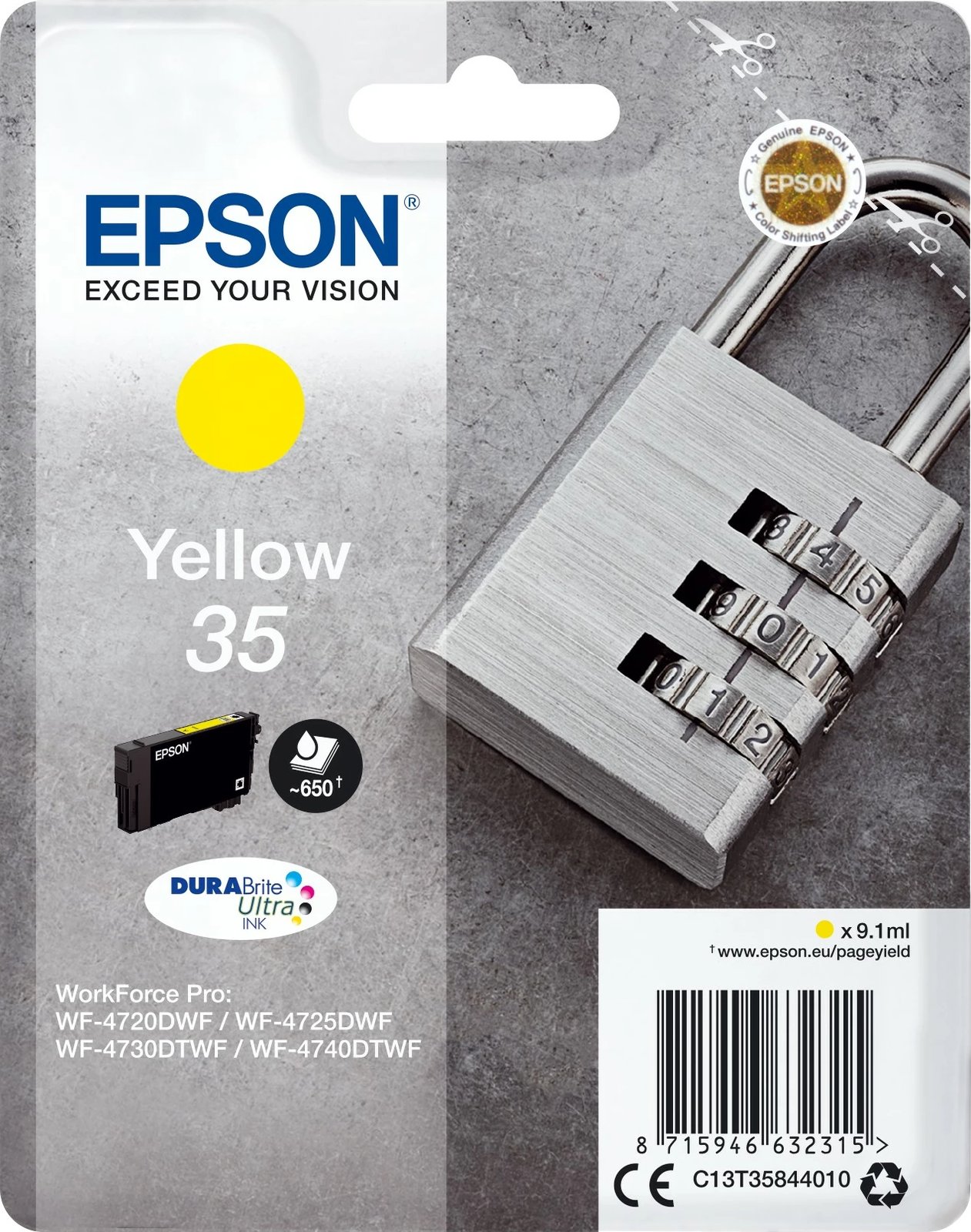 Toner Epson Padlock Singlepack Yellow 35 DURABrite Ultra, 9.1 ml, Verdhë