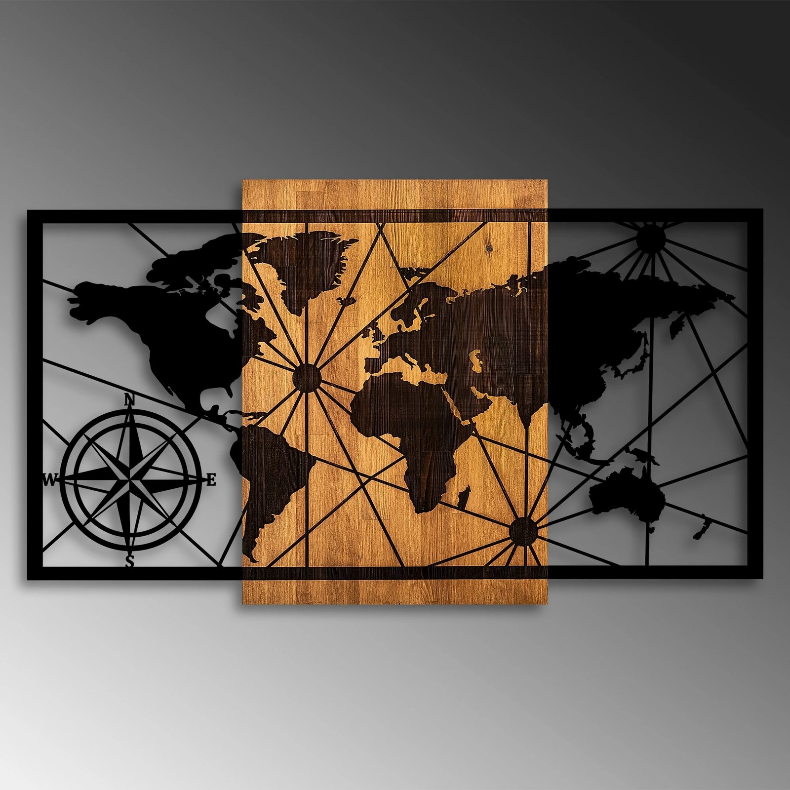 Aksesor dekorativ muri prej druri, hartë bote, Wallity, ngjyrë arre dhe e zezë, 70x120cm