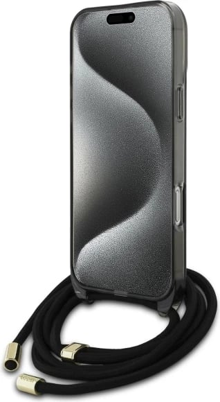 Mbështjellës Guess Crossbody Cord Script MagSafe për iPhone 16 Pro Max, i zi