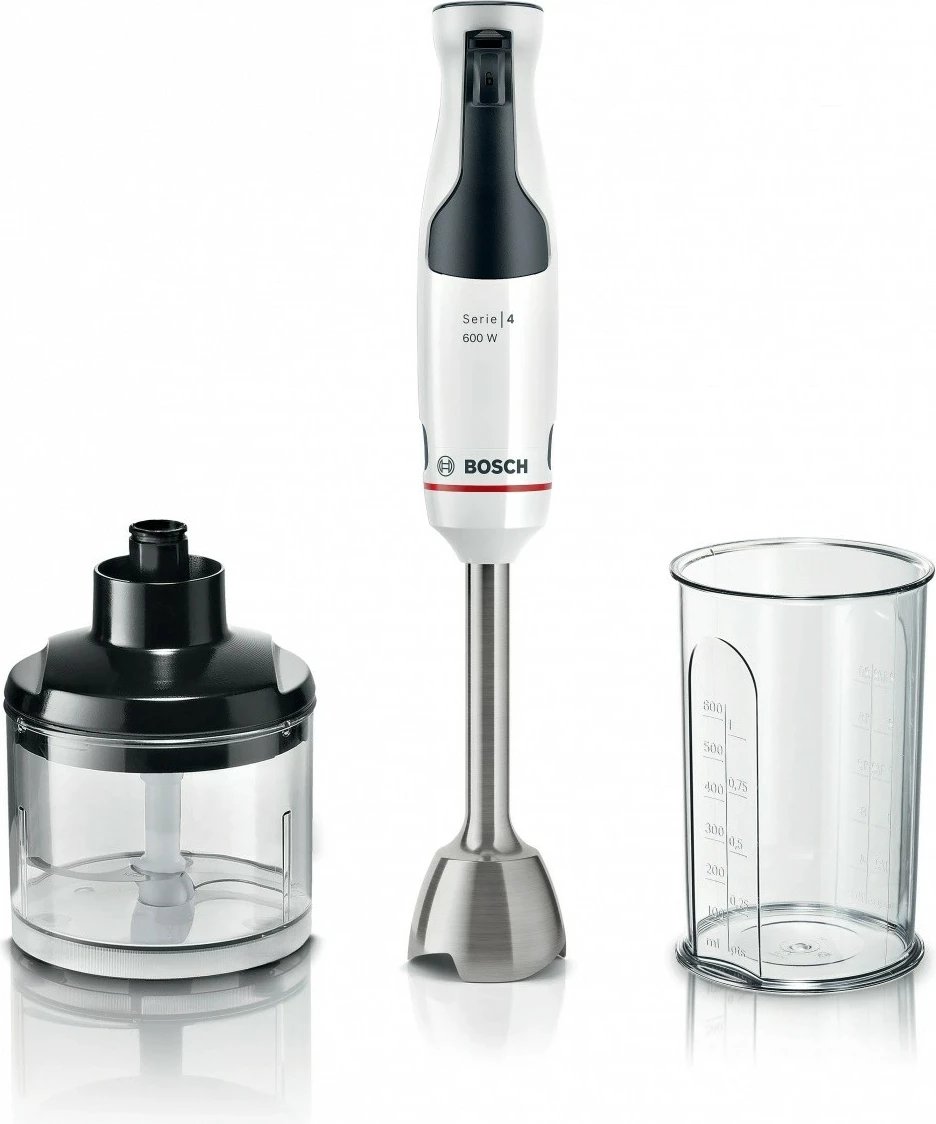 Blender dore, Bosch, MSM4W220, 600 W, rregullim i pandërprerë i shpejtësisë, gotë 0.6 L, trup çelik inox, e bardhë, set me grirës dhe gotë