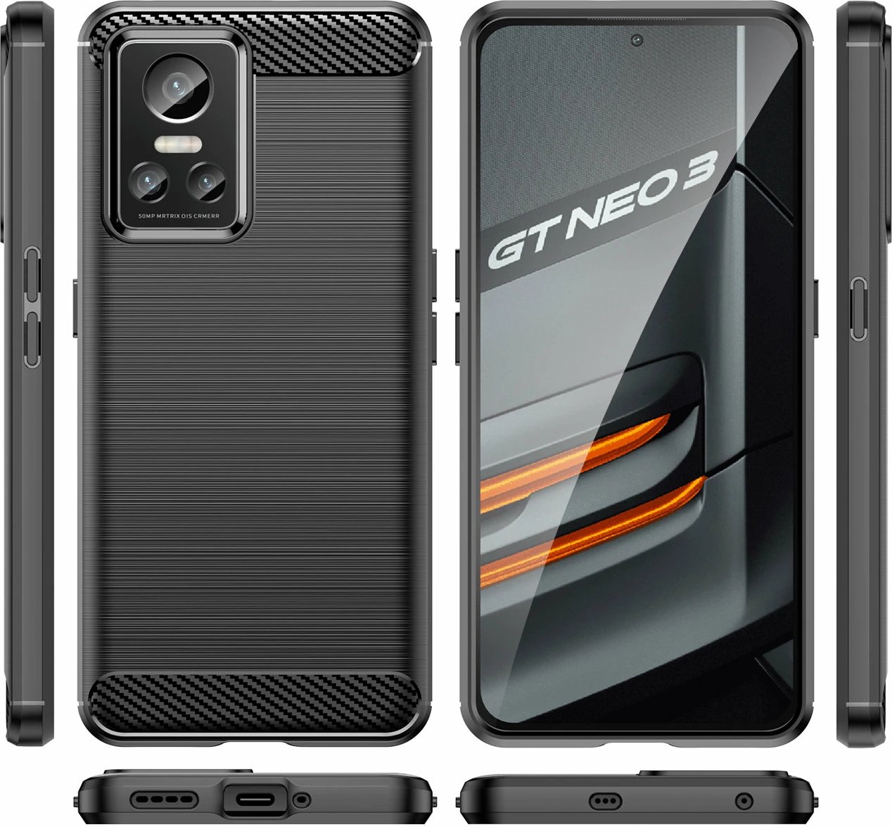 Mbështjellës Hurtel Carbon Case për Realme GT Neo 3, TPU, i zi