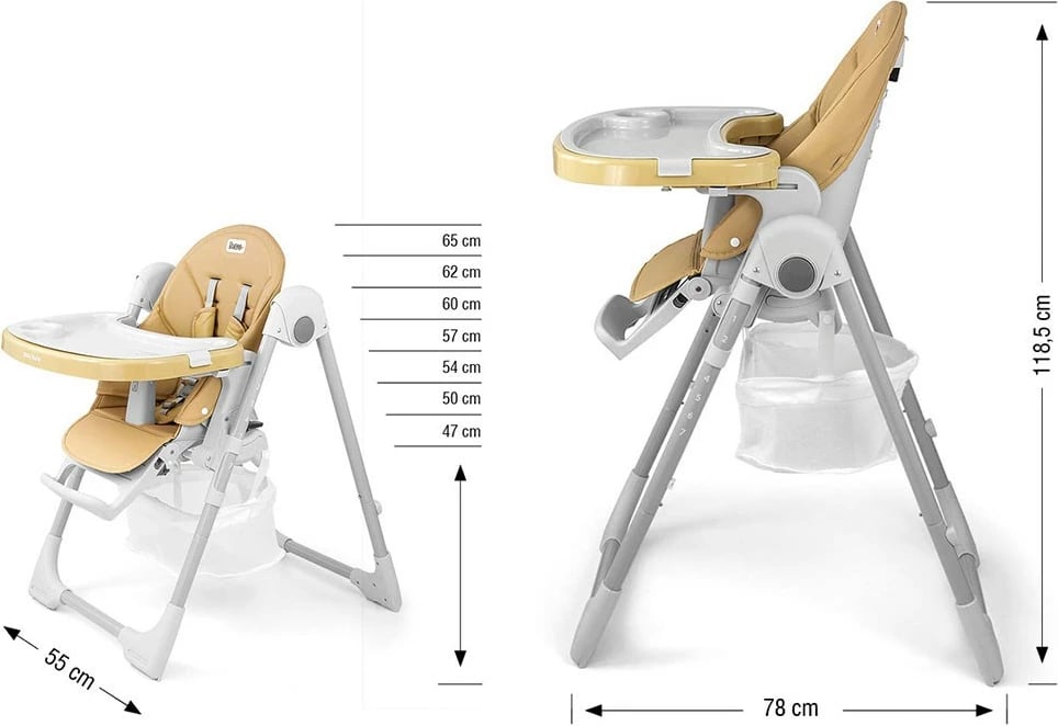 karrige e lartë për ushqim, Milly Mally Bueno, 7 nivele lartësie, shpinore reclinueshme, rripa 5-pikësh, deri 15 kg, 6–36 muaj, bezhë