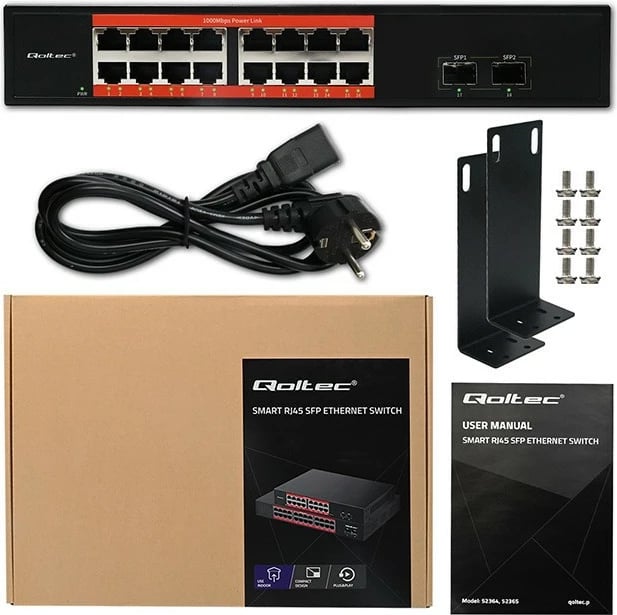 Switch PoE Gigabit, Qoltec 52364, 16x RJ45 10/100/1000, 2x SFP 1Gbps, Plug & Play