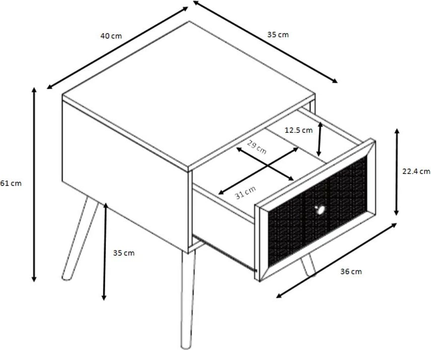 Komodinë natyrale me sirtar dhe ratan, AMMOS, 40x35x61