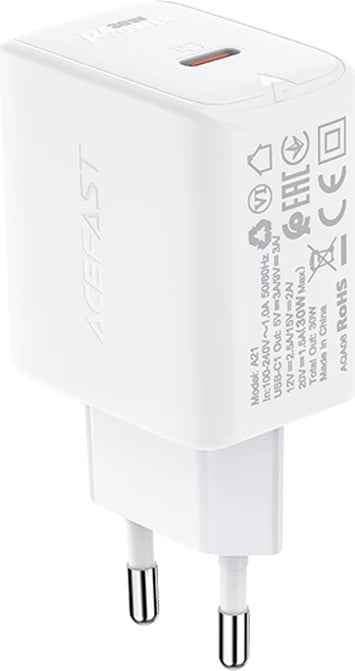 Karikues muri Acefast A21, USB-C, 30W, GaN, i bardhë