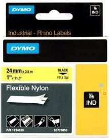 Shirit etiketime, Dymo, Rhino 1734525, 24mm x 3.5m, najlon fleksibil me ngjitës të përhershëm, zi/verdhë