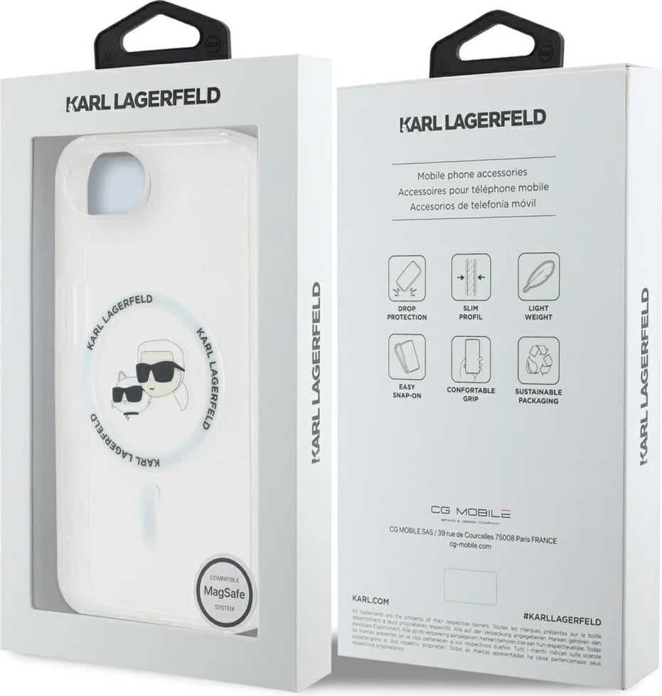 Mbështjellës Karl Lagerfeld IML Metal Karl & Choupette Heads MagSafe për iPhone 16e, Bardhë