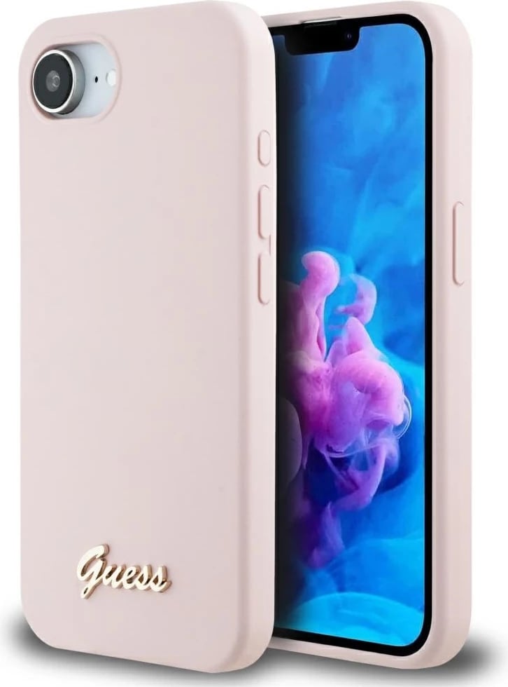 Mbështjellës Guess Silicone Script Metal Logo MagSafe për iPhone 16e, Rozë