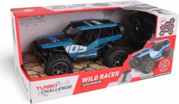 Makinë R/C, Turbo Challenge, Wild Racer 093728, shkallë 1:18 2.4 GHz 12 km/h rreze 50 m, e zezë/blu, set me telekomandë bateri e USB ngarkues