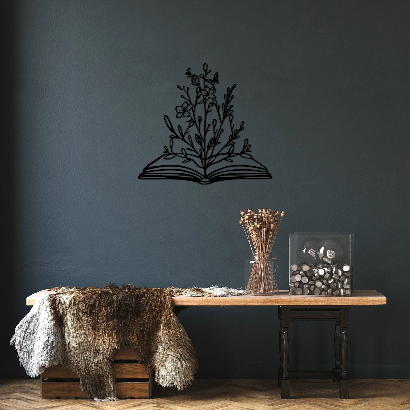 Aksesor dekorativ metalik për mur, lule në libër, Wallity