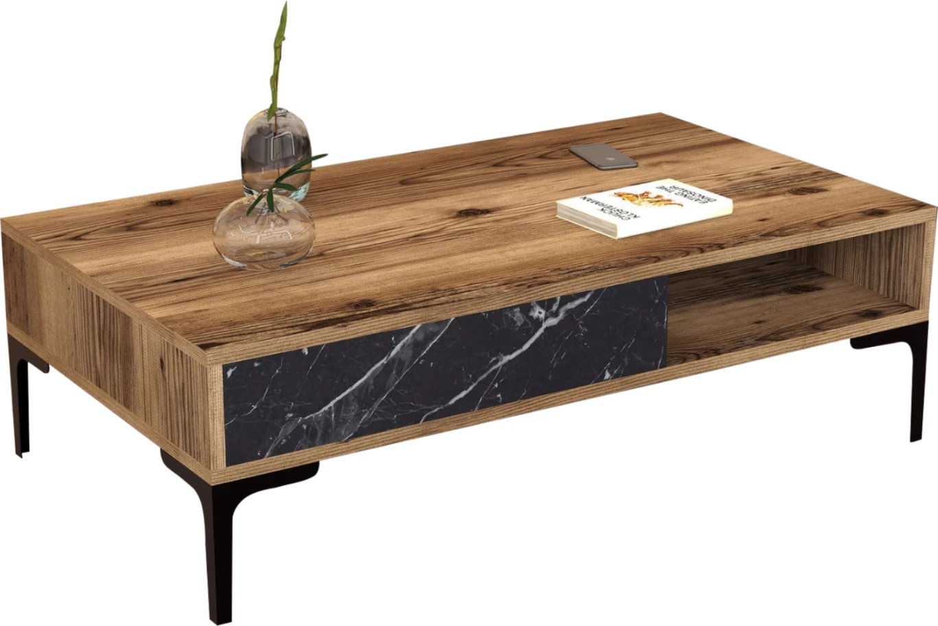 Tavolinë kafeje, pamje arre dhe mermeri të zi, këmbë metalike, FH9503.04, 105x60x32.6 cm