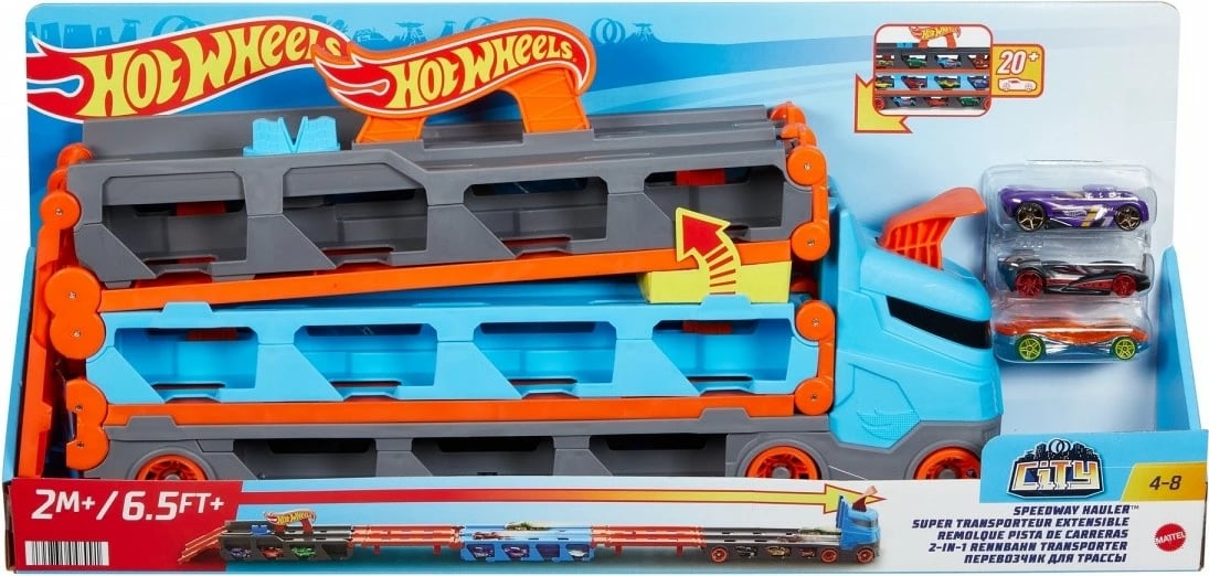 Set lodrash Hot Wheels Racing Transporter 2-in-1 me 3 vetura, Multikolor