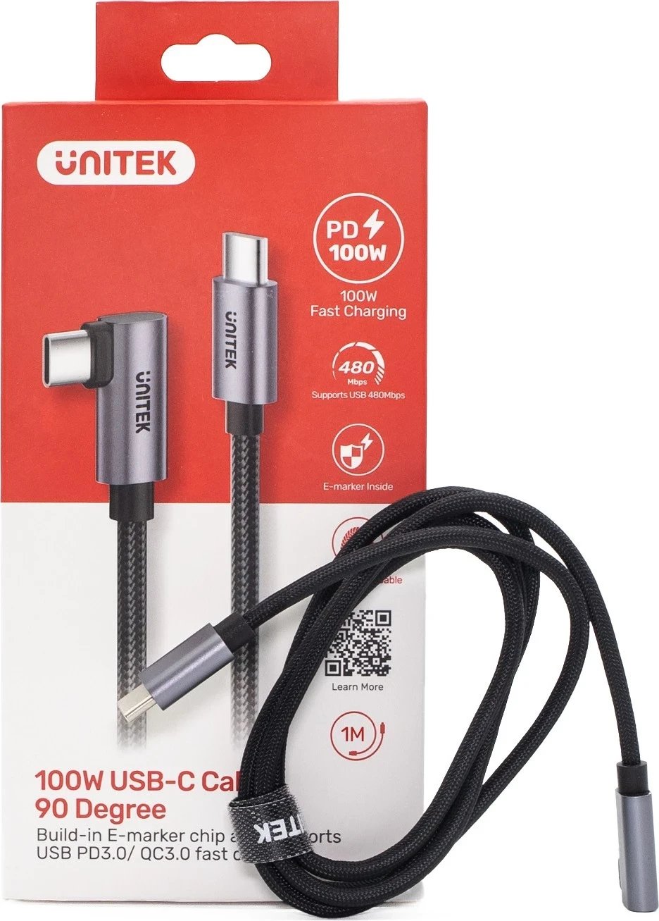 Kabëll USB-C Unitek, 90° PD100W, 1m, zi-gri Kabëll USB-C Unitek, 90° PD100W, 1m, zi-gri