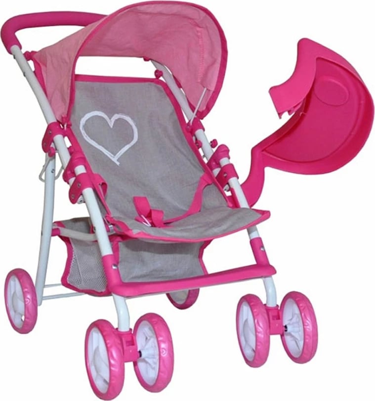 karrocë kukullash, Milly Mally, Kate Prestige, për kukulla deri 50 cm, palosëse me kupolë dhe tabaka ushqimi, rrota të përparme rrotulluese, rozë