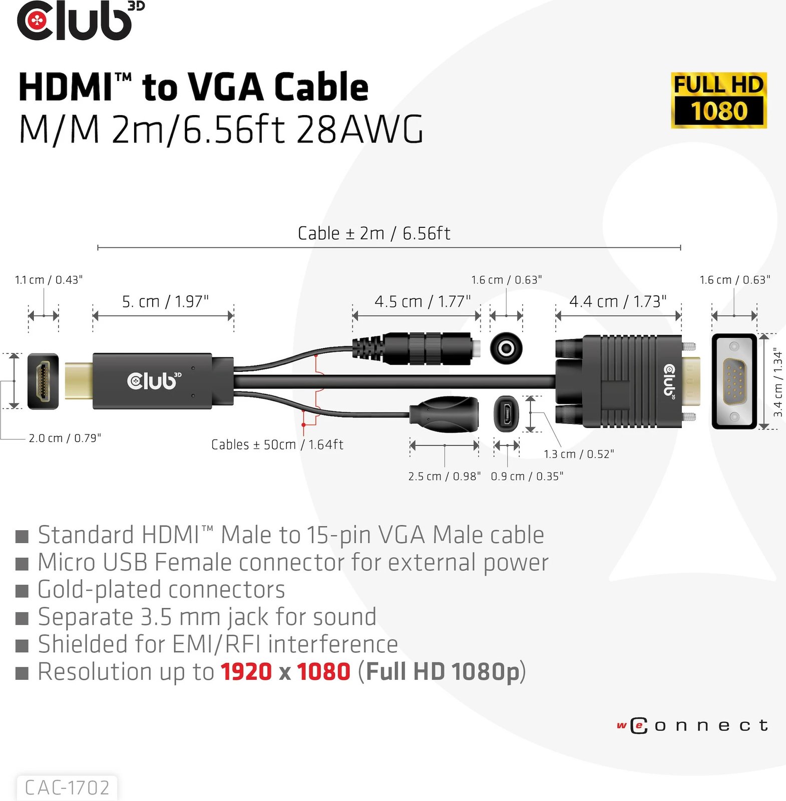 Kabllo HDMI në VGA Club3D CAC-1702, 2m, me audio 3.5mm, e zezë