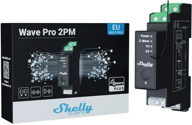 Relé elektrik Shelly Qubino Wave Pro 2PM, 2 kanale, Z-Wave, e zezë
