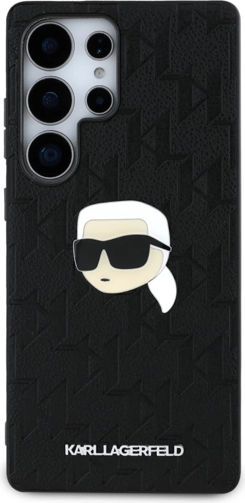 Mbështjellës Karl Lagerfeld Leather Monogram Pin Logo Karl Head për Samsung Galaxy S25 Ultra, Zi