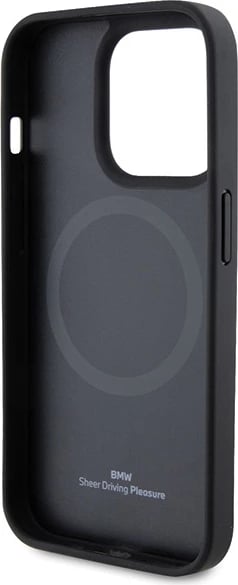 Mbështjellës BMW Leather Hot Stamp MagSafe për iPhone 15 Pro, i zi