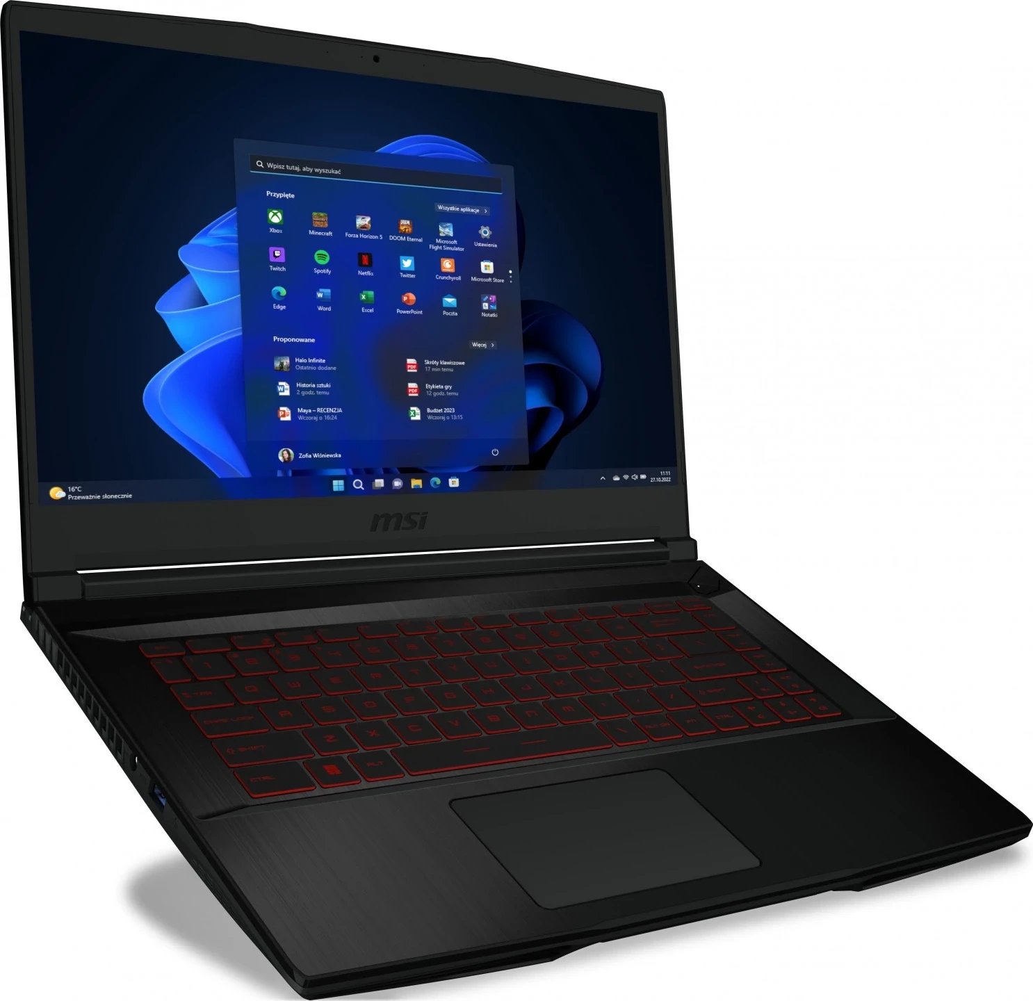Laptop MSI Thin GF63 12VE-264PL, 15.6", Intel Core i5, 16GB RAM, 512GB SSD, Nvidia RTX 4050, i zi