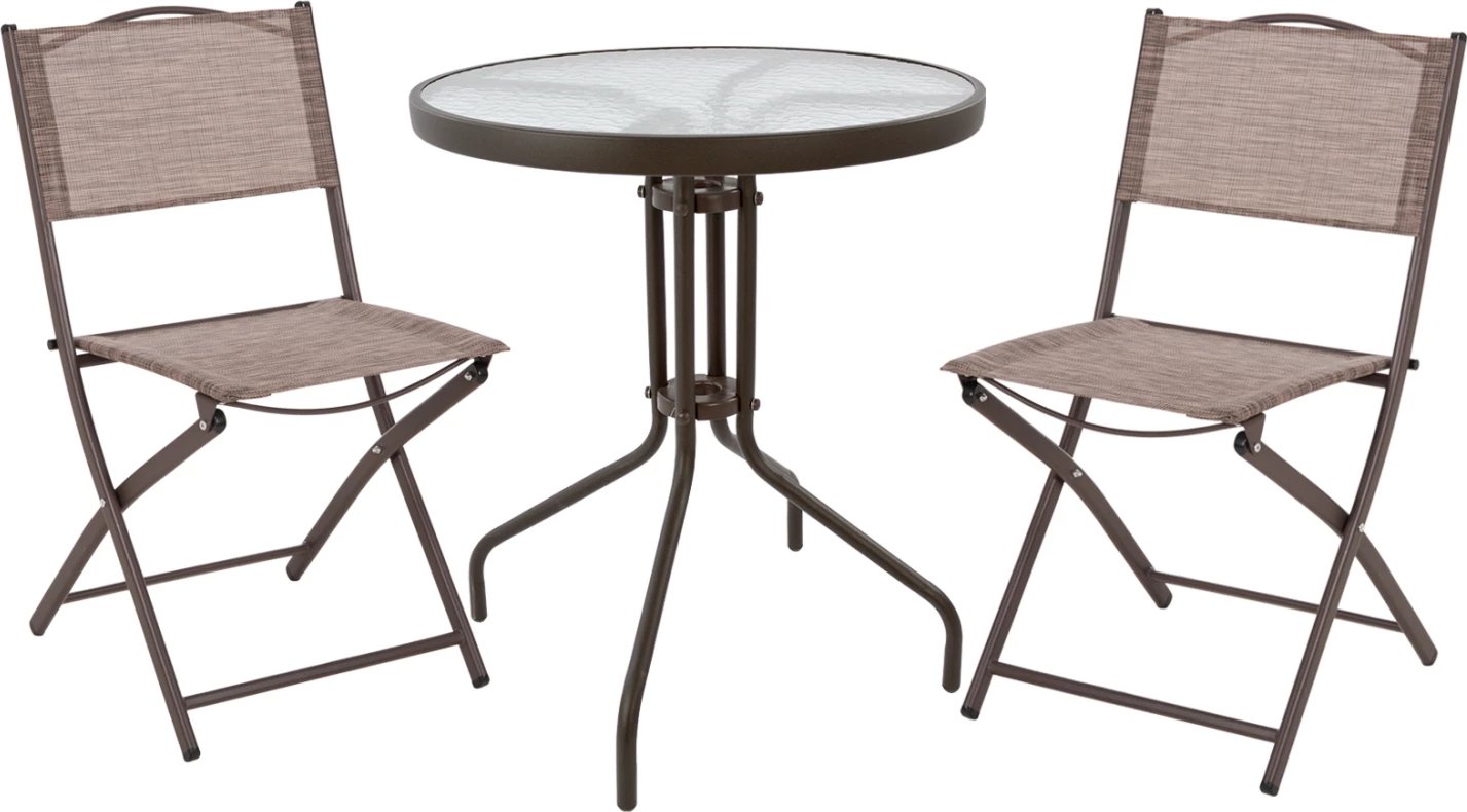 Set për darkë jashtë 3 pjesë LIMA FH21038 tavolinë metalike e rrumbullakët & 2 karrige të palosshme-kafe