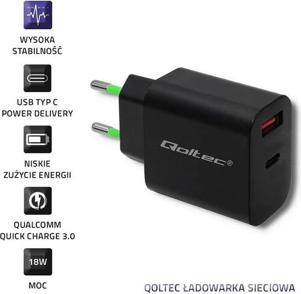 Karikues rrjeti Qoltec 51713, 18W, USB Type C PD, USB QC 3.0, i zi