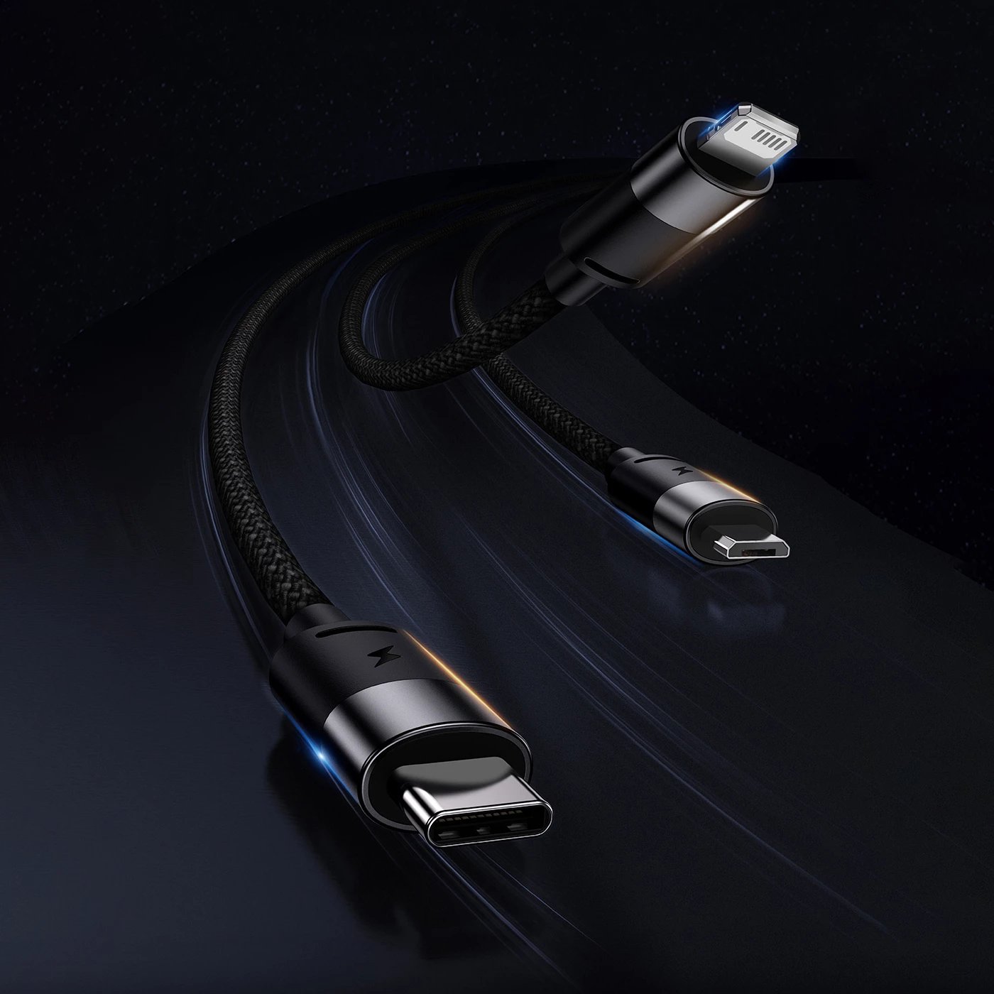 Kabllo 3-në-1 Baseus StarSpeed CAXS000001, 1.2m, USB-A në USB-C/Micro USB/Lightning, e zezë