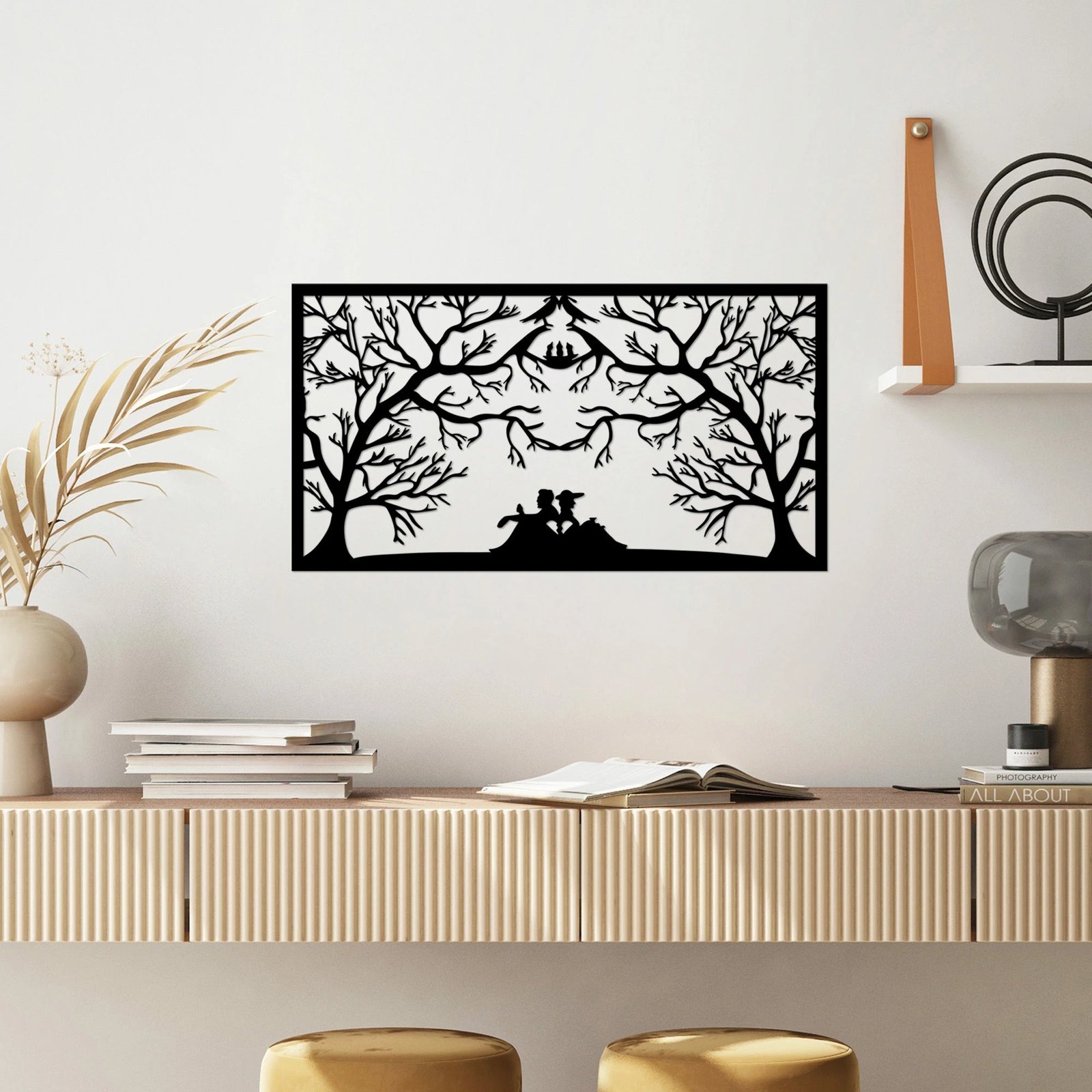 Aksesor dekorativ metalik për mur, folé zogjsh, të dashuruar, ngjyrë e zezë, 37x70cm