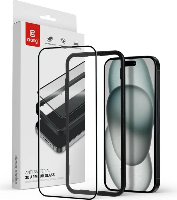 Xham mbrojtës CRONG 3D Armour Glass për iPhone 16 / iPhone 15, 9H, antibakterial