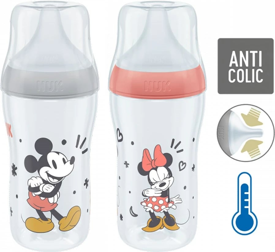 Shishe bebe, NUK, Perfect Match MICKEY, 260 ml, kontroll temperature, thithëse silikoni anti-kolik M (3+ muaj), e kuqe