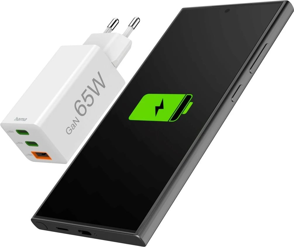 Karikues muri, Hama, 201996, GaN 65W PD/QC, 2x USB-C + 1x USB-A, i bardhë