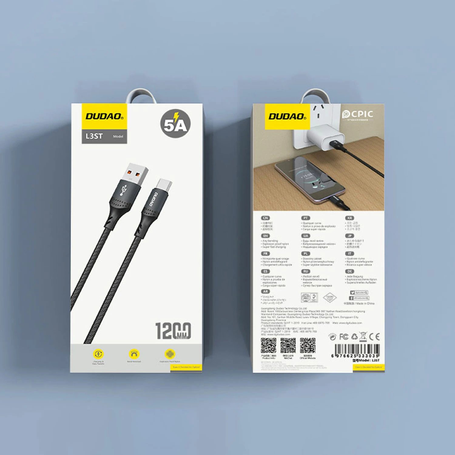 Kabllo Dudao L3ST USB-A në USB-C, 1.2m, 5A, i mbështjellë me najlon, Zi
