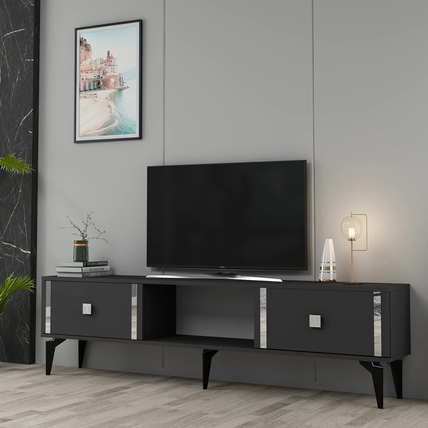 Komodë për TV Skye Decor, Doruk, antracit, argjend