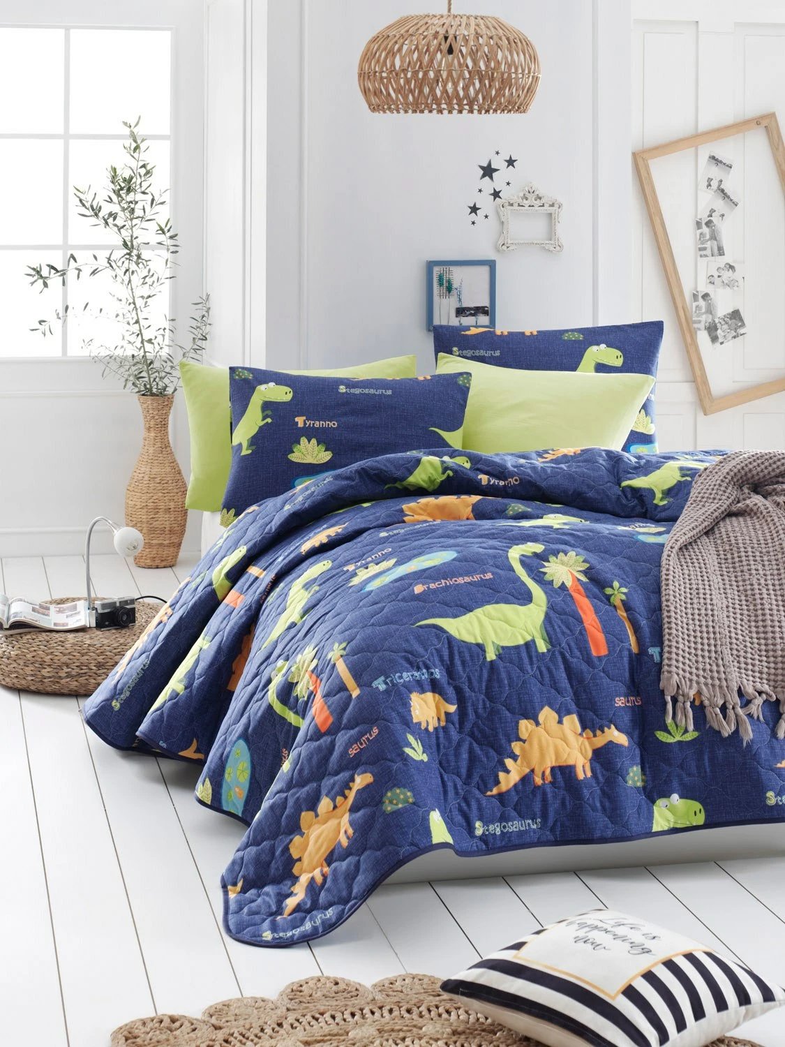 Set mbulesë krevati king-size me jorgan, motiv dinosaurësh, ngjyrë kaltër e errët, L'essentiel, Dinolar