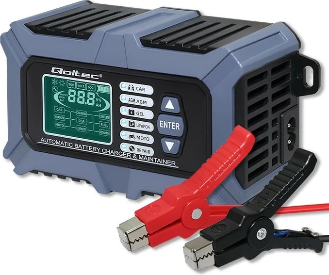 Karikues inteligjent baterie Qoltec 52488, 12V, 6A, me LCD, funksion testimi dhe riparimi, zi/blu