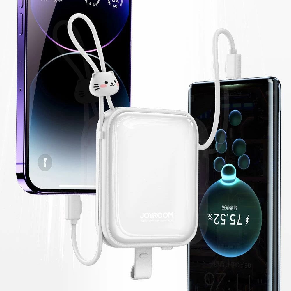 Powerbank Joyroom Cutie Series JR-L008, 10000mAh, 22.5W, me kabllo USB-C dhe Lightning, me stand, Bardhë