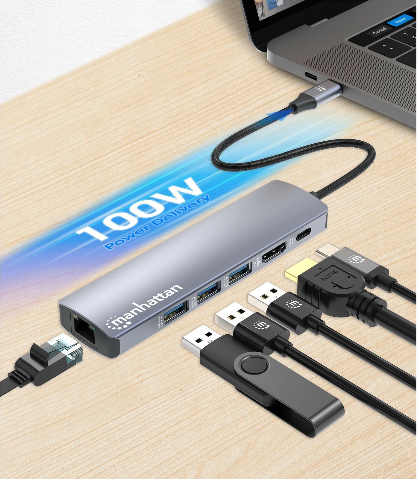 Docking station MANHATTAN 6-në-1 USB-C, 4K HDMI, 3x USB 5Gb/s, gri