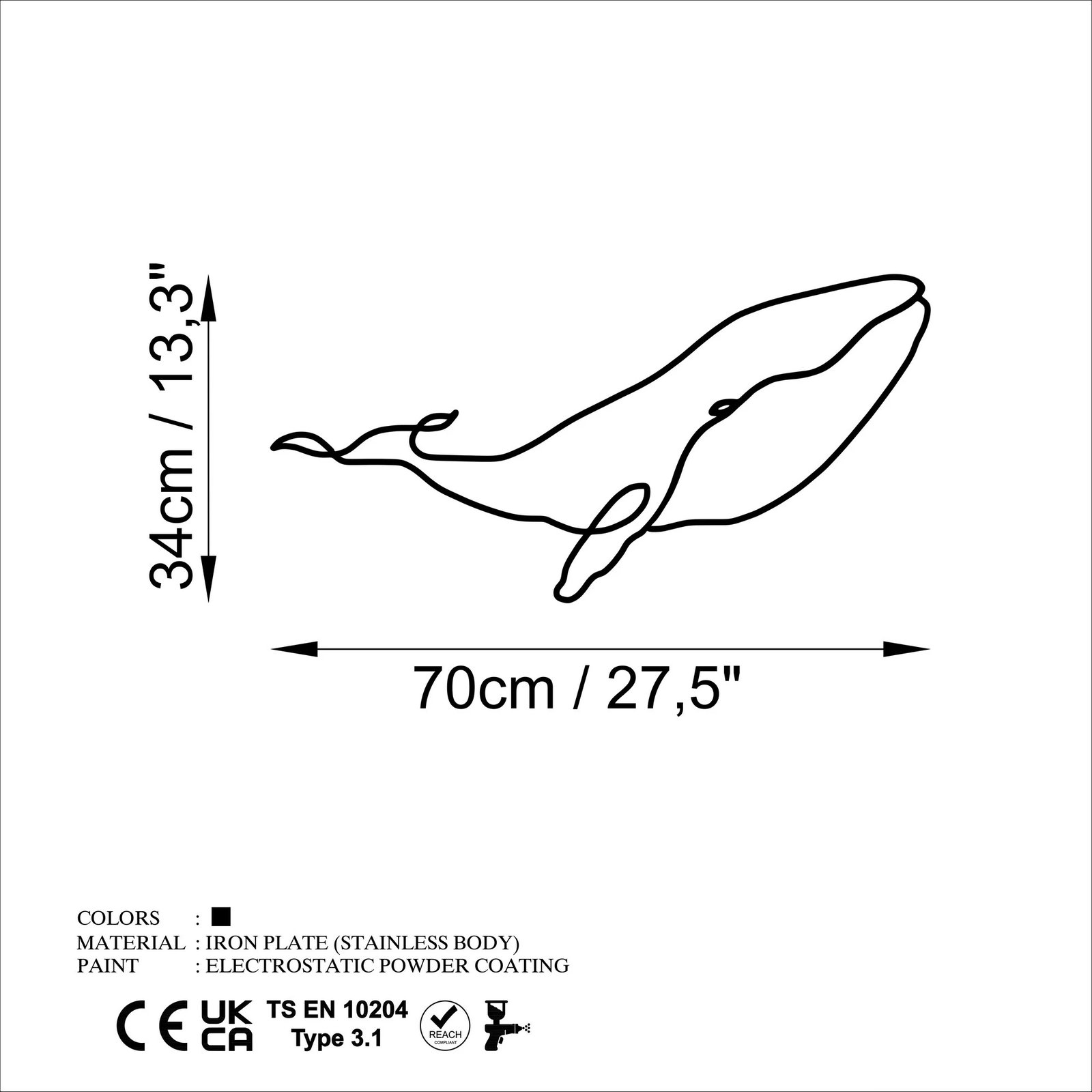 Aksesor dekorativ metalik për mur, balenë, Wallity, madhësia L