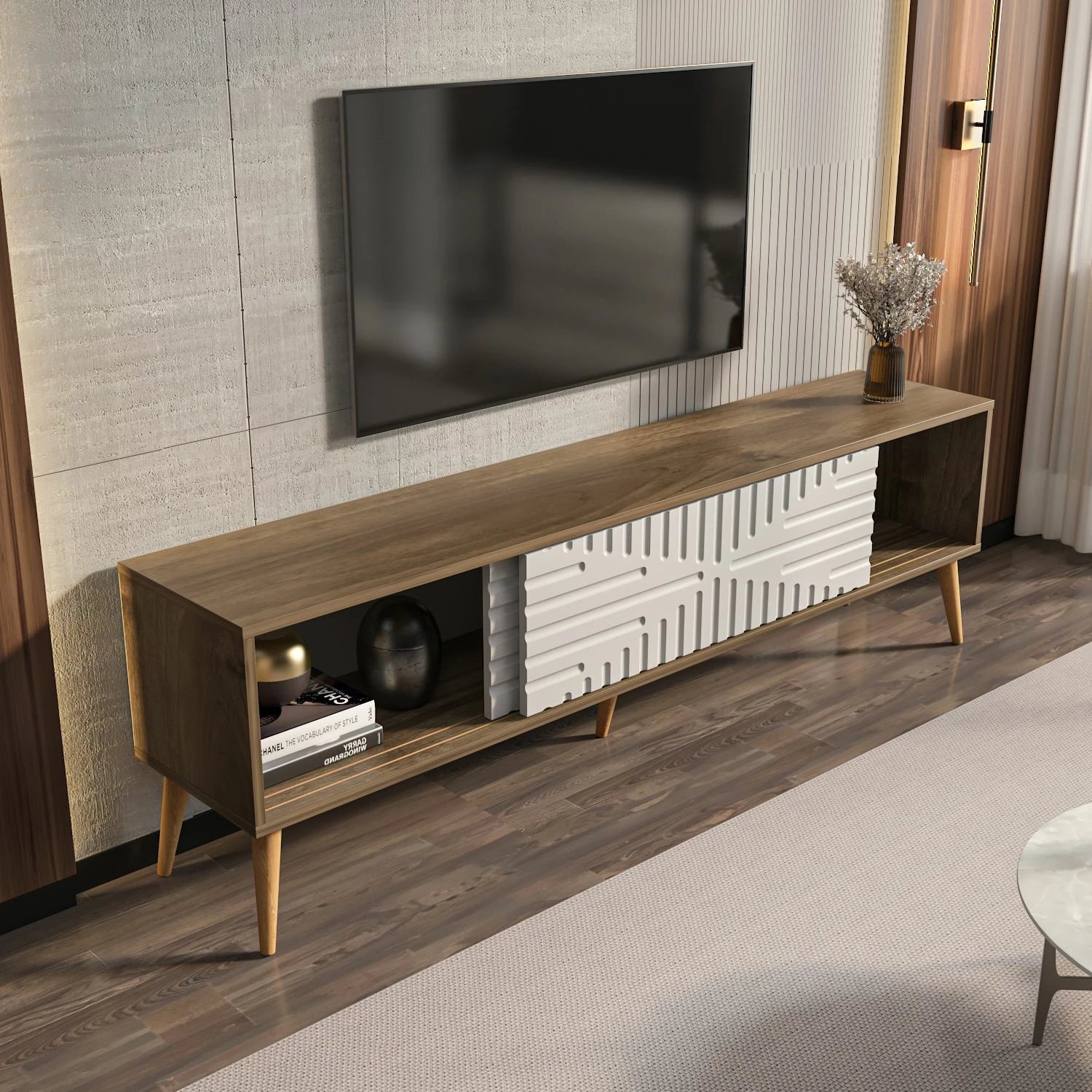 Komodë TV Skye Decor, ngjyrë arre dhe e bardhë