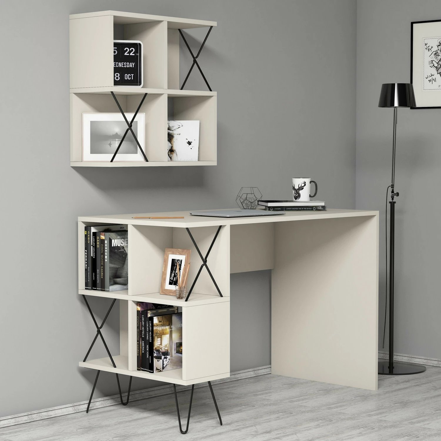 Set tavoline studimi me rafte, ngjyrë krem dhe e zezë, Skye Decor, Extra 2