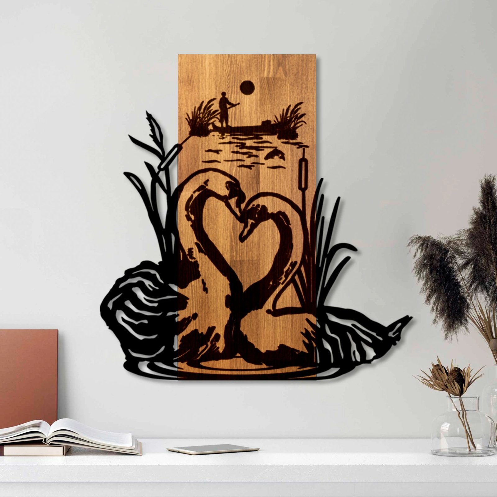 Aksesor dekorativ për mur, druri dhe metal, Swan Lake, ngjyrë arre dhe e zezë