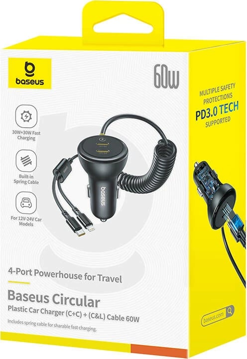 Karikues veture Baseus 60W me USB-C dhe kabllo Lightning, i zi