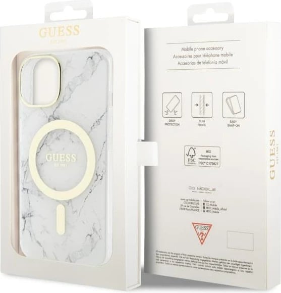 Mbështjellës Guess Marble MagSafe për iPhone 14 Plus 6.7", i bardhë