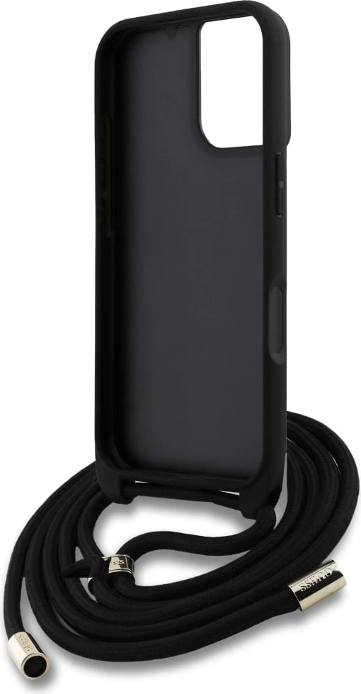 Mbështjellës Guess 4G Big Logo Cord Stap Crossbody për iPhone 16 Plus, i zi