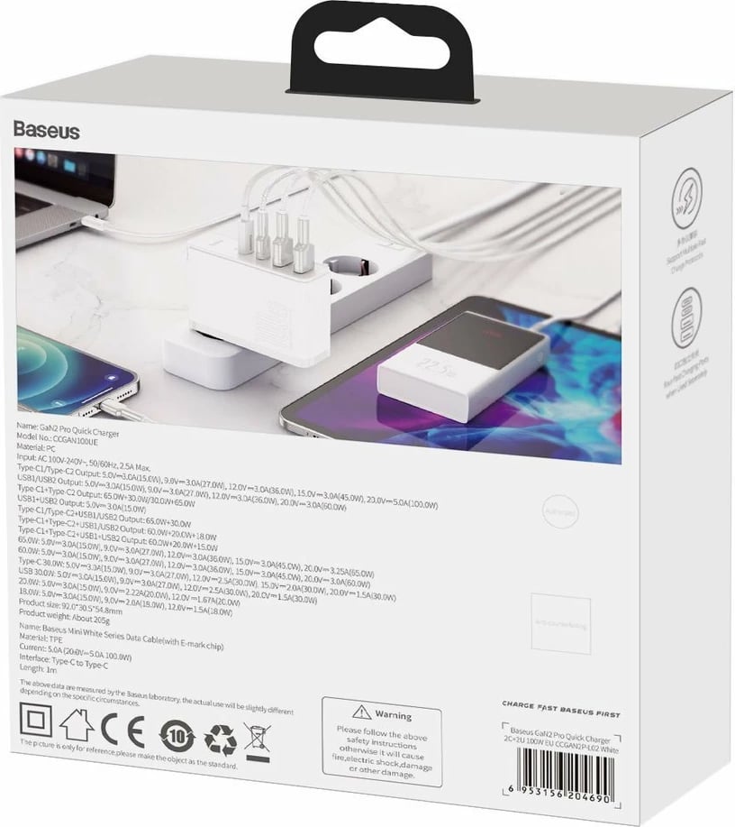 Karikues muri Baseus GaN2 Pro, 100W, 4 porta (2x USB-C, 2x USB-A), i bardhë
