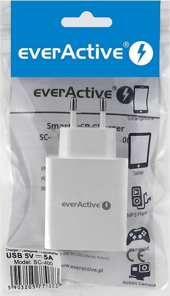 Karikues muri everActive SC-400, 4x USB, 25W 5V/5A, IQ Smart Charging, i bardhë